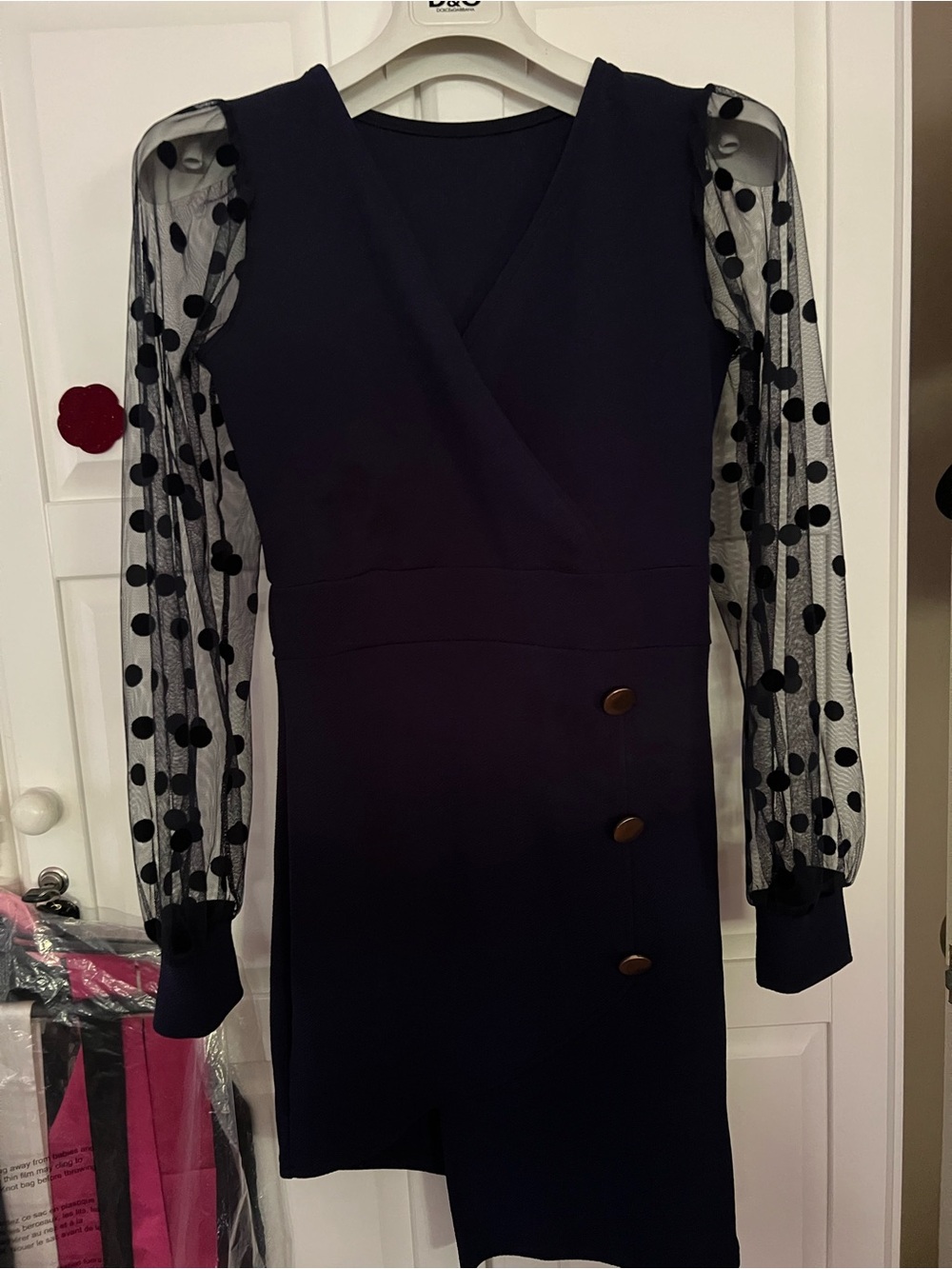 💕NEW Sexy K fashion Sheer Polka Dot Sleeve Navy Asymmetric  bodycorn Dress